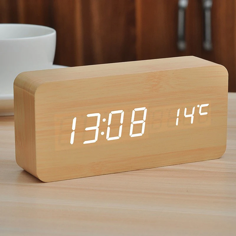 Wooden LED Digital Alarm Clock Voice Controlled Multifunctional Electronic Desk Clock USB Student Specific Home Decor