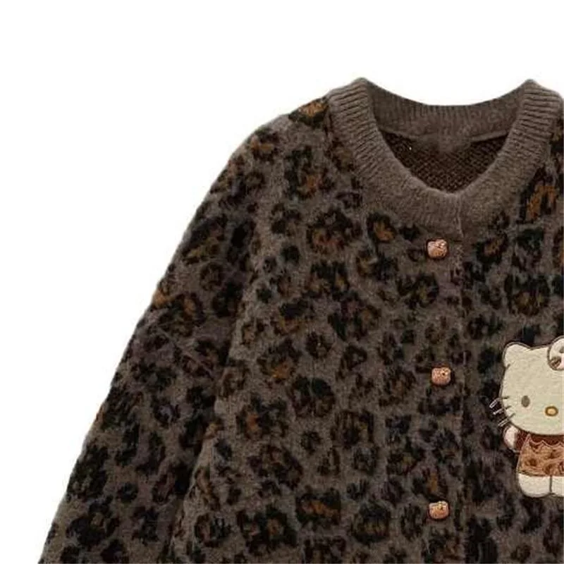 Creative and cute Hello Kitty leopard print knitted cardigan Sanrio autumn and winter niche original new warm thickened jacket