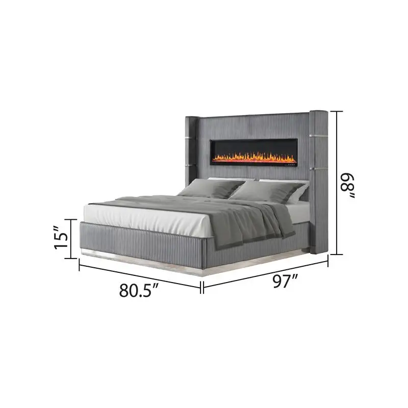 طقم غرفة نوم خشبي مكون من 5 قطع مع إضاءة محيطة بلمسة نهائية مخملية باللون الرمادي #2