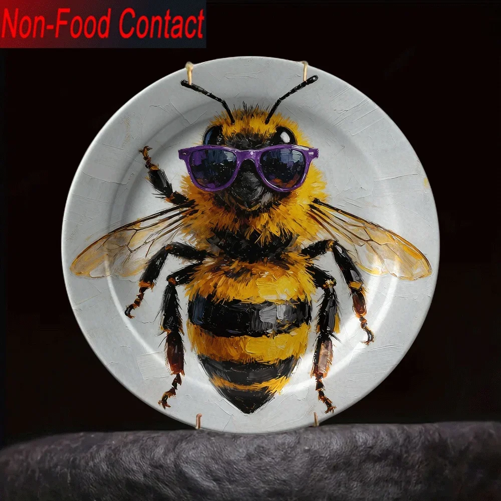 1pc Bee & Honeycomb Ceramic Decorative Plate - Non-Food Contact Safe, Purple Glass-Like Bees with Stripes, Round Tabletop
