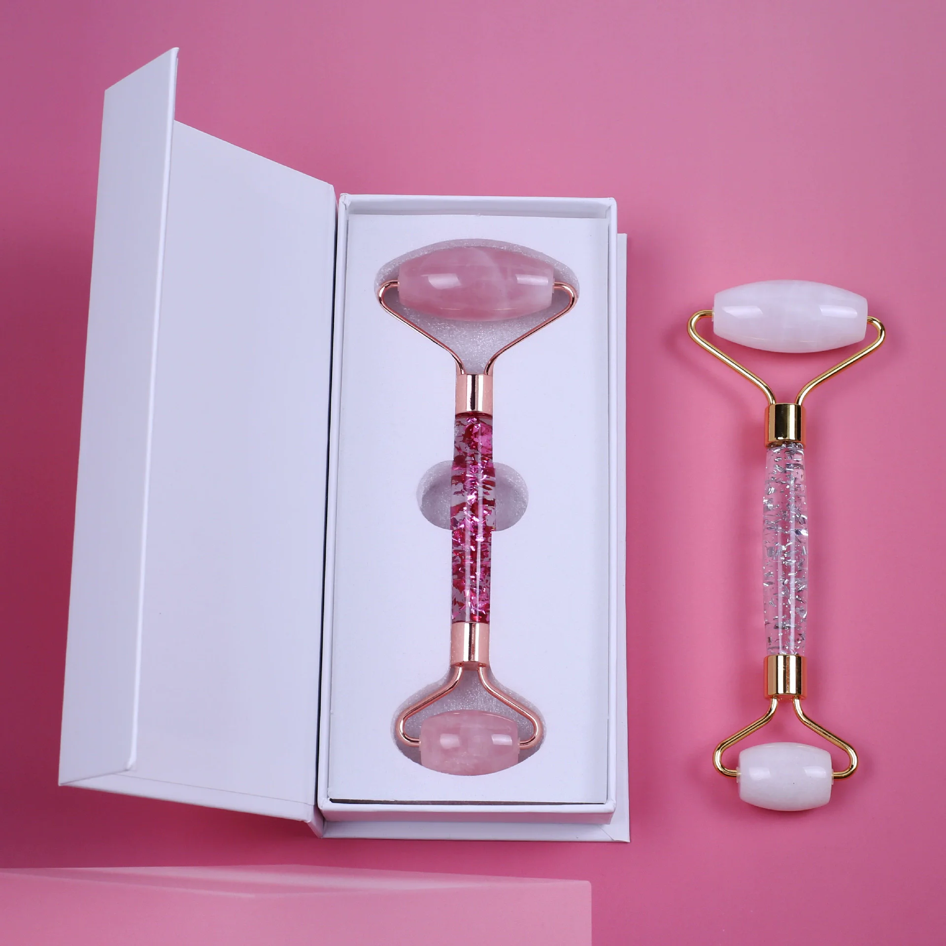 ‌Pink Crystal Jade Roller - Double Ended Face Massage Tool Anti-Wrinkle & Puffiness Relief Natural Beauty Roller for Home Spa