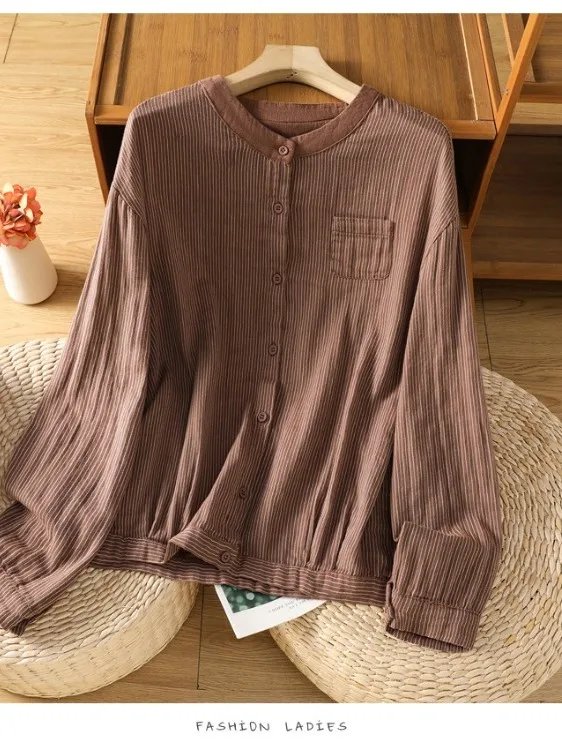 Retro Style Women's Cotton Blend Long Sleeve round Neck Short Jacket Spring Autumn Checkered Print Open Cardigan Top