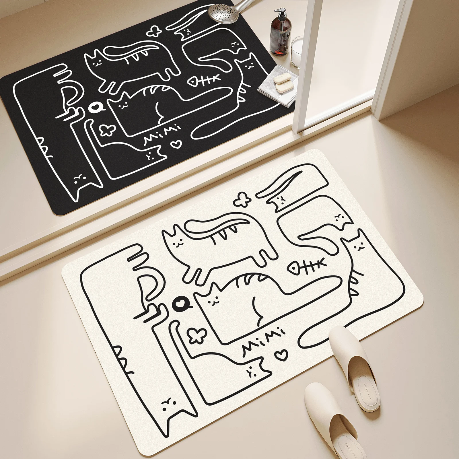 

Rubber bathroom anti-slip floor mat, water-absorbing and quick-drying floor mat, black and white cat printed floor mat