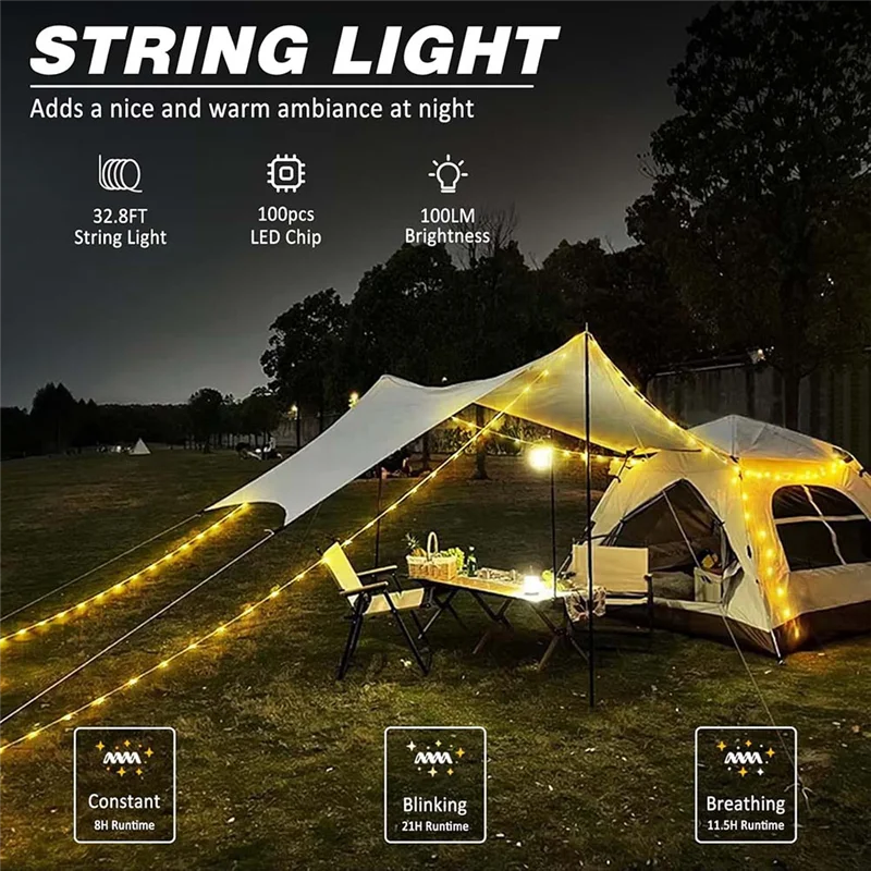 

ELOS-Camping String Light & Lamp 32.8FT USB Rechargeable Waterproof LED For Outdoor Decor And Home
