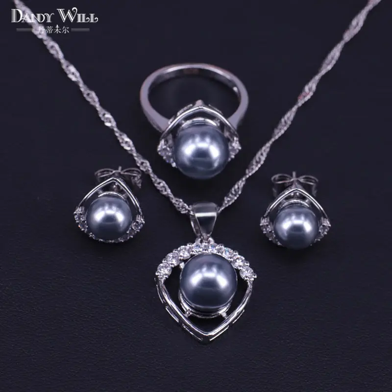 Promotion Gray Pearl White Zircon Silver 925 Costume Jewerly Stud Earrings Necklace Ring Set