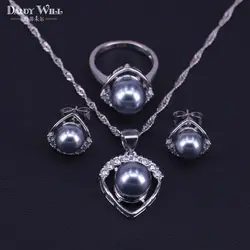 Promotion Gray Pearl White Zircon Silver 925 Costume Jewerly Stud Earrings Necklace Ring Set