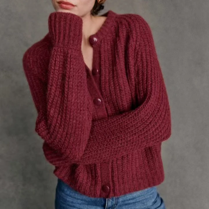 Alpaca Blends Sweater Women's Solid Color Single Breasted Round Neck Long Sleeve Female Knit Cardigan