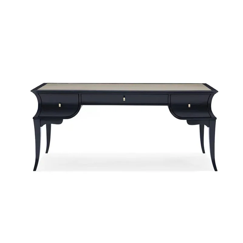 

Black all solid wood desk American home study bedroom European French retro small apartment computer desk writing table