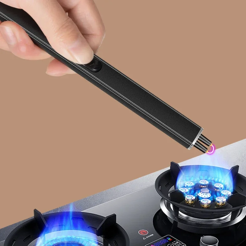 Windproof Electronic Pulse Lighter Kitchen Gas Stove Ignition Gun Flameless Candle Lighter With Hook USB Charging Arc Lighter