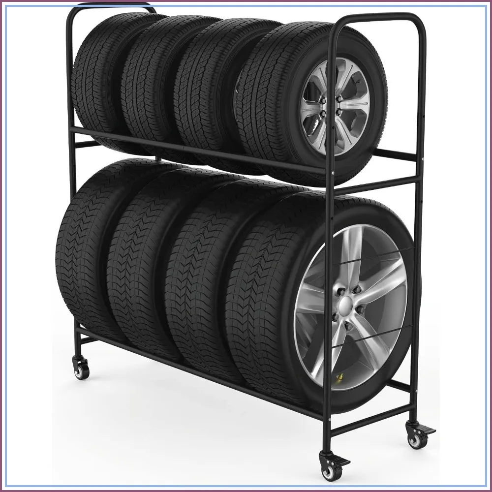 

Rolling Tire Rack – Metal, Adjustable, Holds 8 Tires, with Cover & 4 Wheels