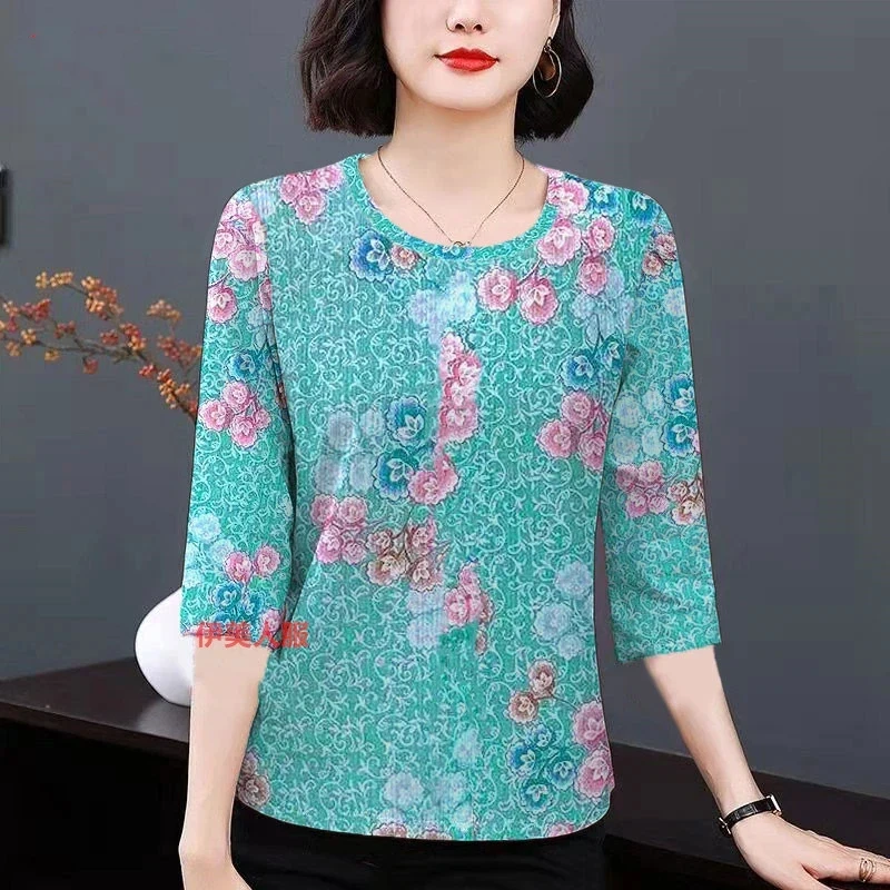 

Women's Vintage Print Floral T-Shirt Spring Summer Round Neck Mid-Age Elegant Seven Sleeve Thin Top