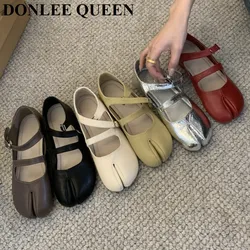 2023 Fashion Split Toe Flat Shoes Women Candy Color Shallow Mary Jane Shoes Square Toe Retro Ballerina Ankle Strap Sandals Mujer