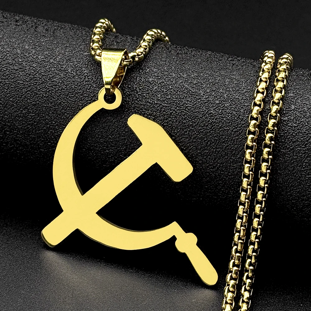 Hammer Sickle Pendant Necklaces for Women Men Stainless Steel Gold Silver Color Worker Farmer Chain Comintern Symbol Jewelry