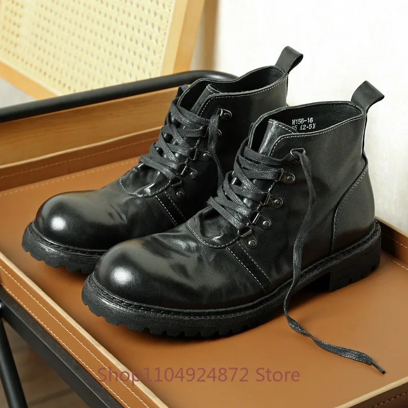 Vintage Washed Genuine Leather Outdoor Motorcycle Chelsea Boots Men's Shoes Non-slip Thick Sole Lace Up Handmade Work Boots