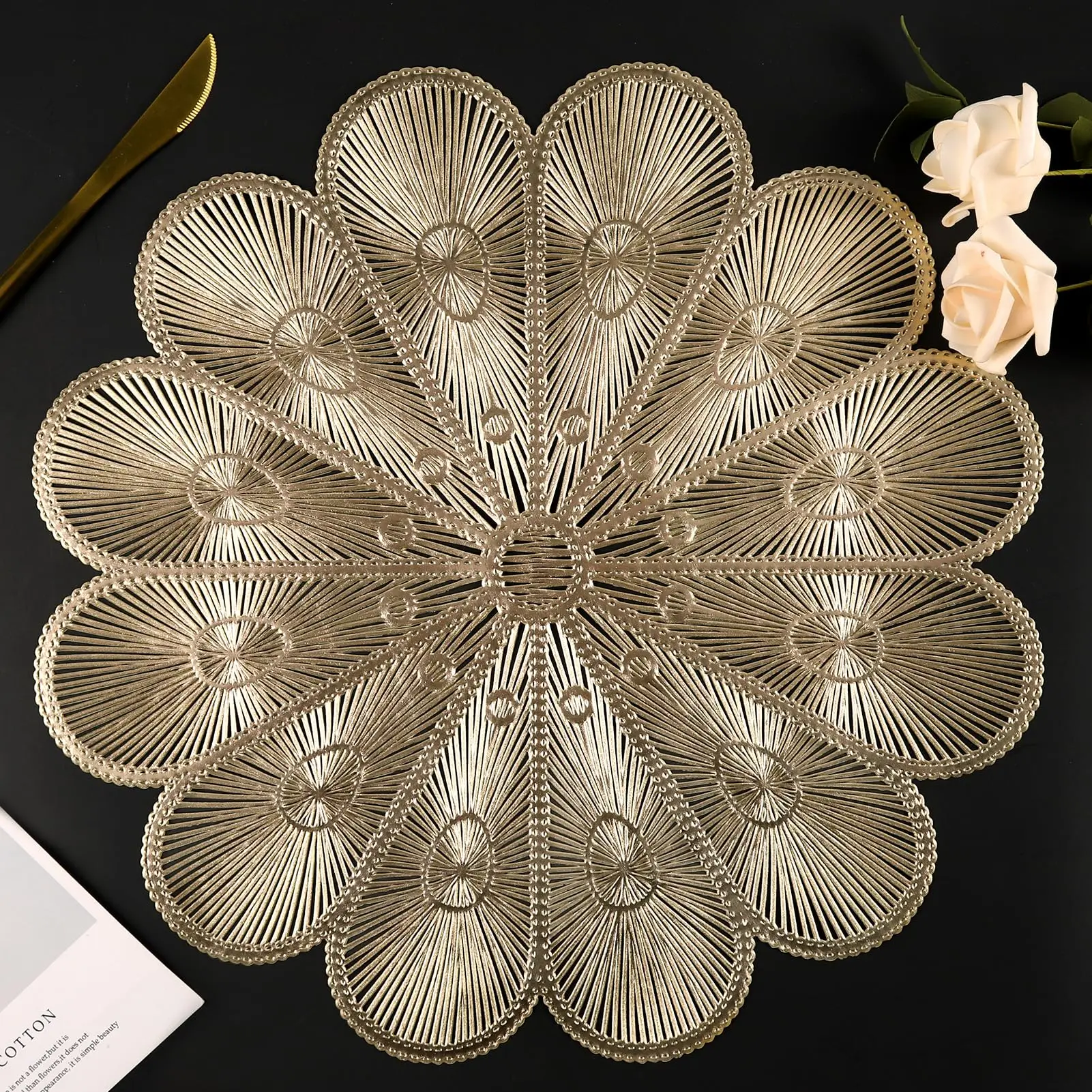 

Placemats Set of 6, Gold Placemat for Dining Table Pressed Vinyl Metallic Flower Table Mats Washable and Wipeable Place Mats