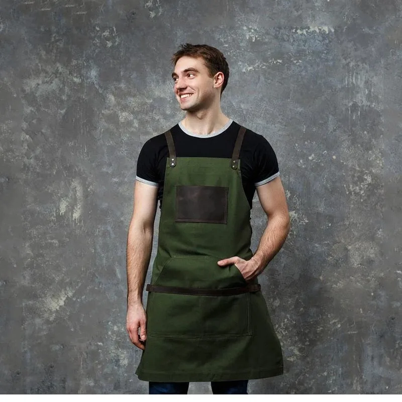 

Thick Canvas PU Apron Gardening Barbecue Chef Workwear Restaurant Barber Bakery Fashion Apron Restaurant Kitchen Work Clothes