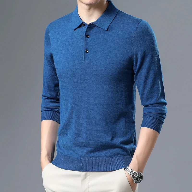 

Men's Sheep Wool Polos Clothes 2023 Spring Casual Turn Down Collar Knitwear Long Sleeve Male Wool Knit Shirt Pullover Jumpers