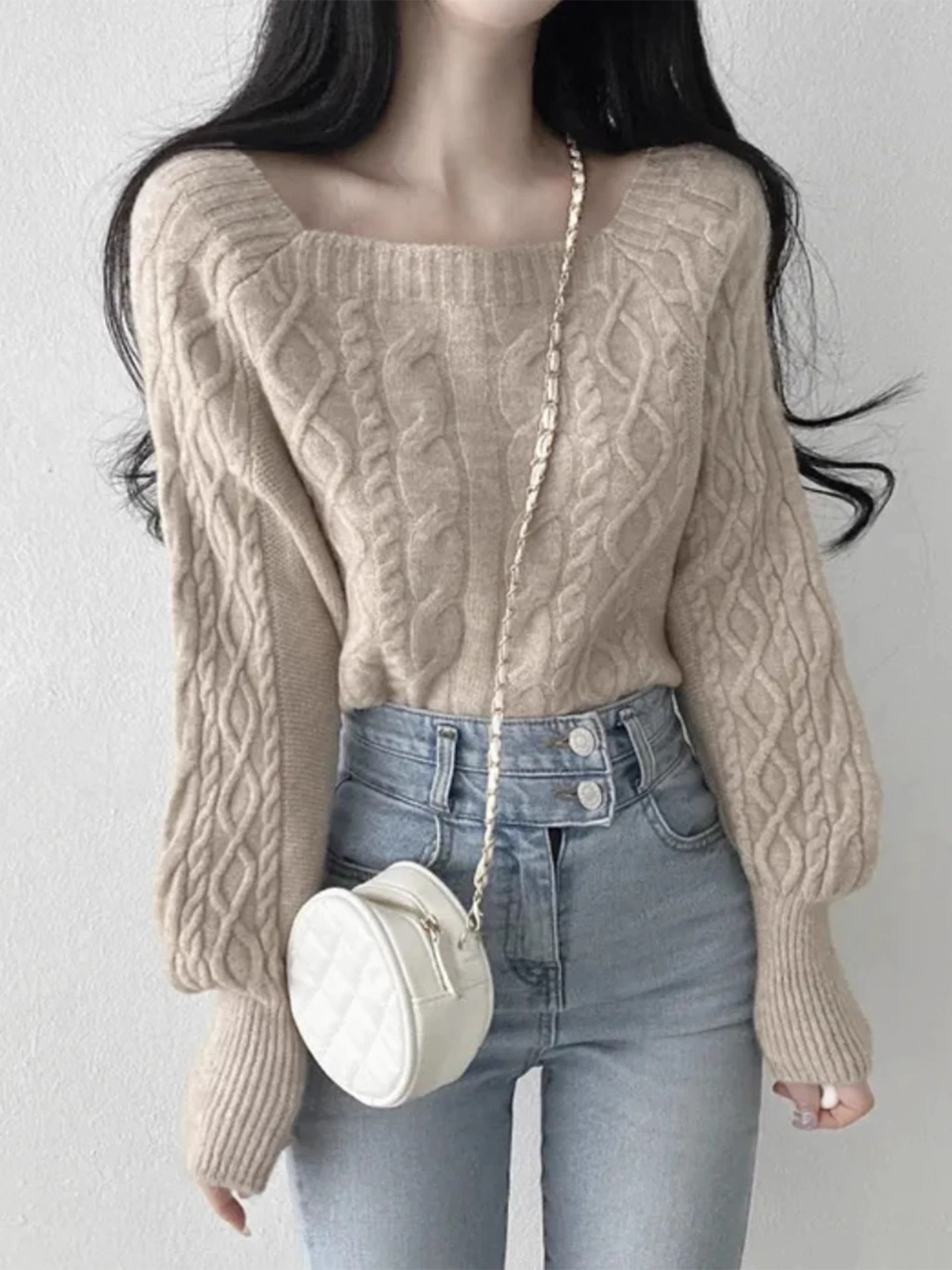 Chic automne hiver Thiened Long Sve tricoté pull femmes Faion rétro col carré torsion fil décontracté haut confortable