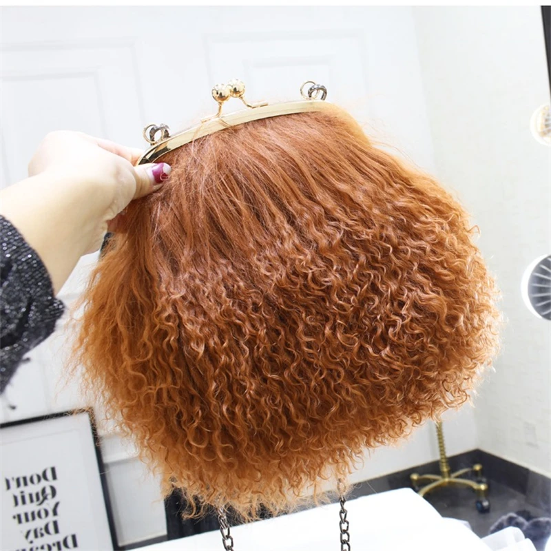 Ladies Fashion Fur Bag Luxury Rolled Wool Shoulder Bag Metal Chain Embellished Large Capacity Fur Crossbody Bag