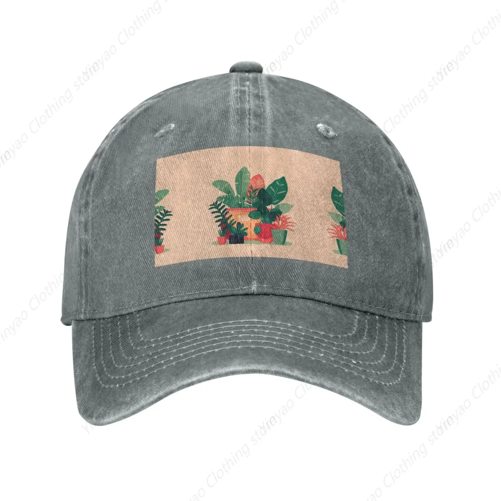 

Indoor small green plant truck hat washed denim hat with fun pattern truck hat