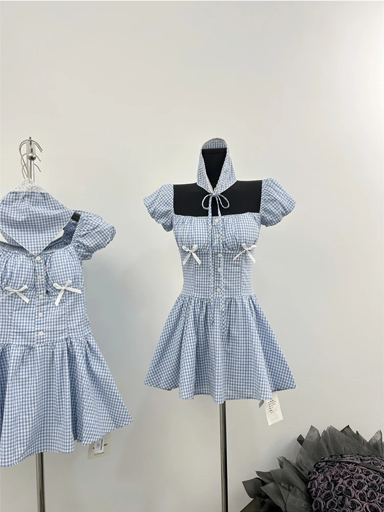 Summer Plaid French Vintage Mori Girl Prom Gown Mini Square Collar Dress Women Evening Fairy Core Bow Frocks Party One-Piece New