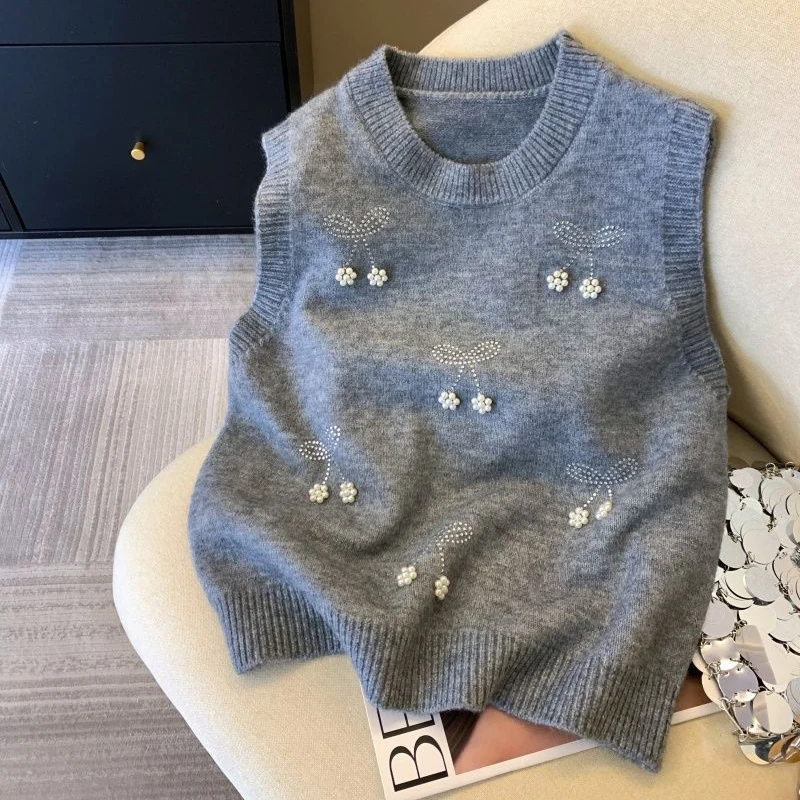 

Вязаный свитер с бусинами для ногтей, жилет 2022, весна-осень, новинка тяжелой промышленности, большой размер, женский тонкий сложенный свитер, модный топ на бретелях