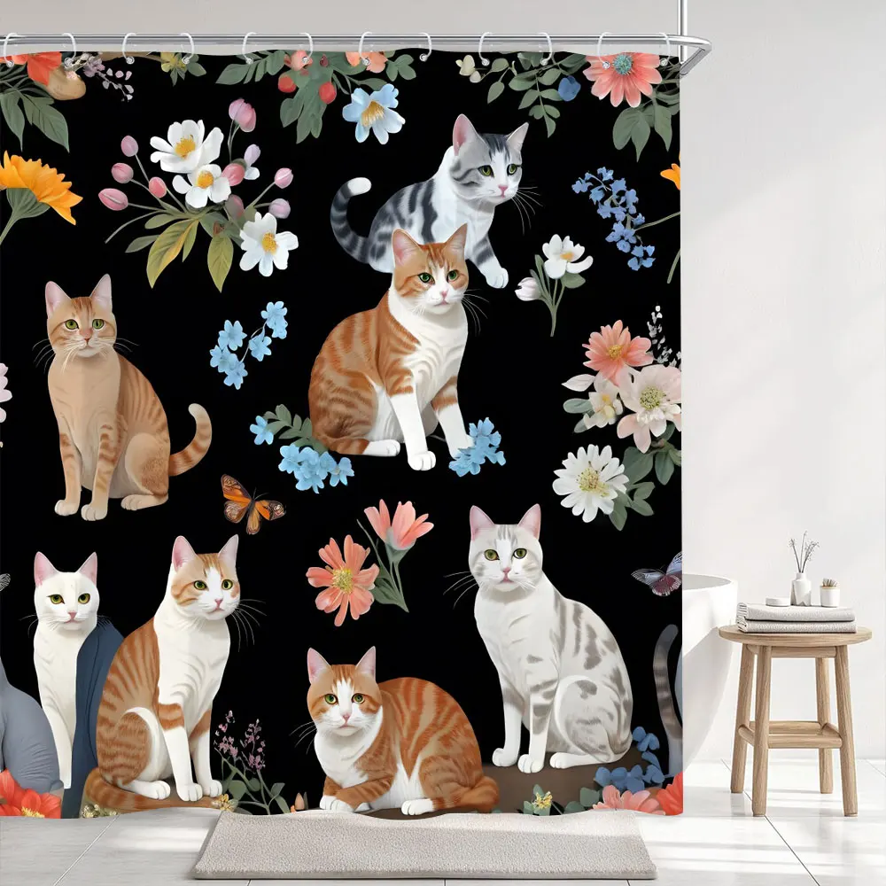 

Vintage Floral Cat Shower Curtain Bohemian Botanical Leaf Cartoon Animal Polyester Fabric Shower Curtains Bathroom Decoration