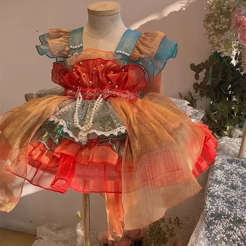 Baby Girls Summer Sweet Lolita Lace Floral Princess Ball Gown Lace Cake Layed Backless Sundress Birthday Holiday Party Children