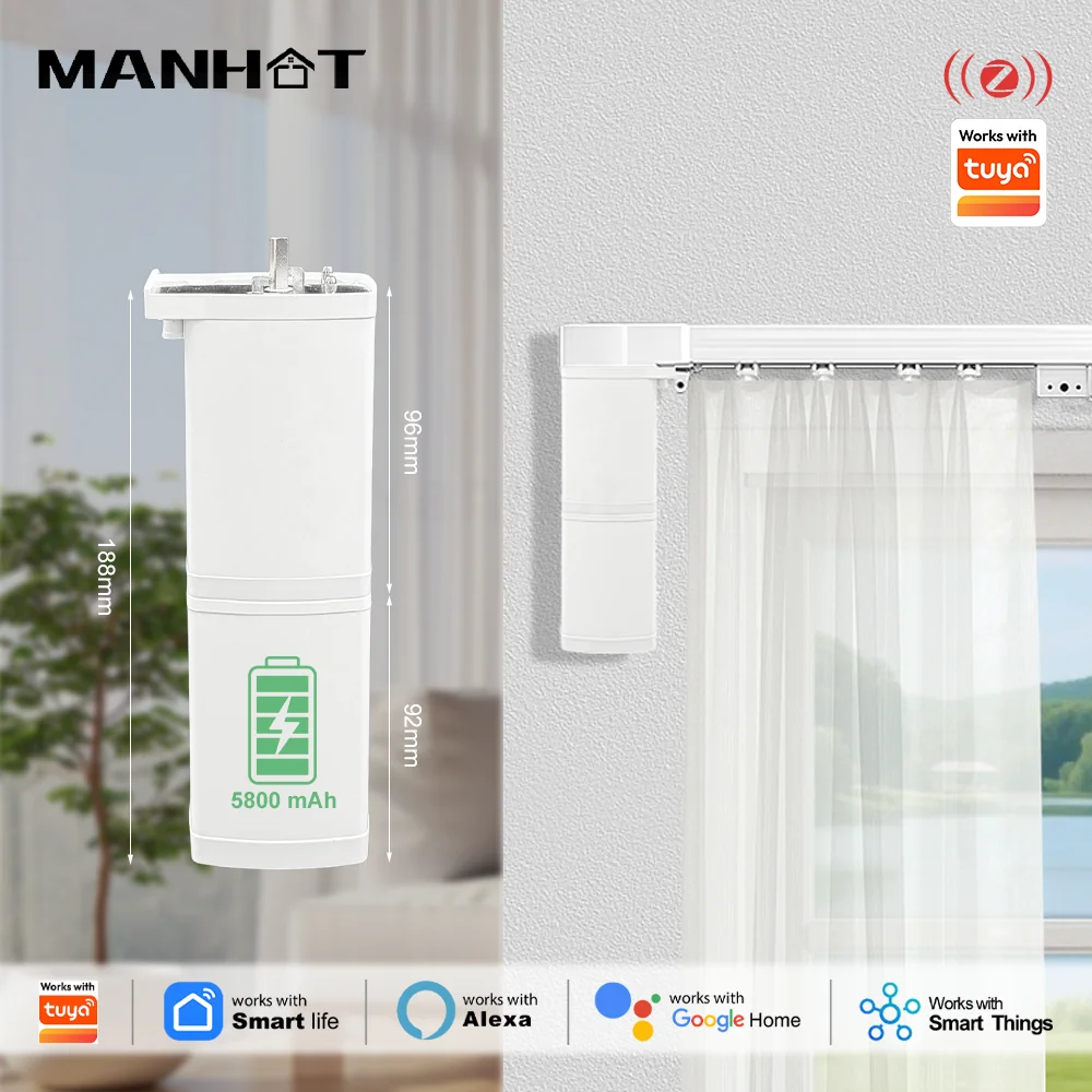 

MANHOT 5800mAh Smart Zigbee Electric Curtain Motor Silent Shutter Motor With Battery Work With Tuya Alexa Google Home Yandex