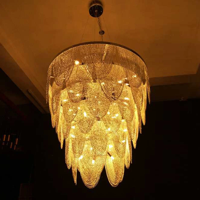 

Custom Luxury Chain Chandelier Hotel Lobby Light Villa Decoration Headlights Gold Fringe Light Art Round Chandelier Dia110cm