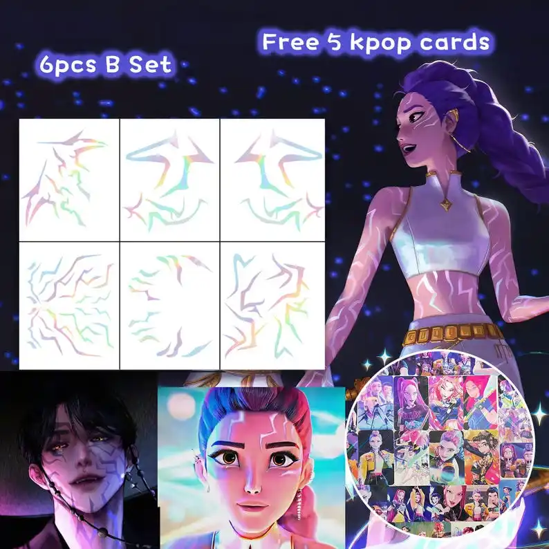 ملصقات الوشم المؤقت Kpop Demon Hunters - فن الجسم التأثيري Rumi & Jinu، شارات كتف يدوية متوهجة للوجه والذراع لـ Kpop