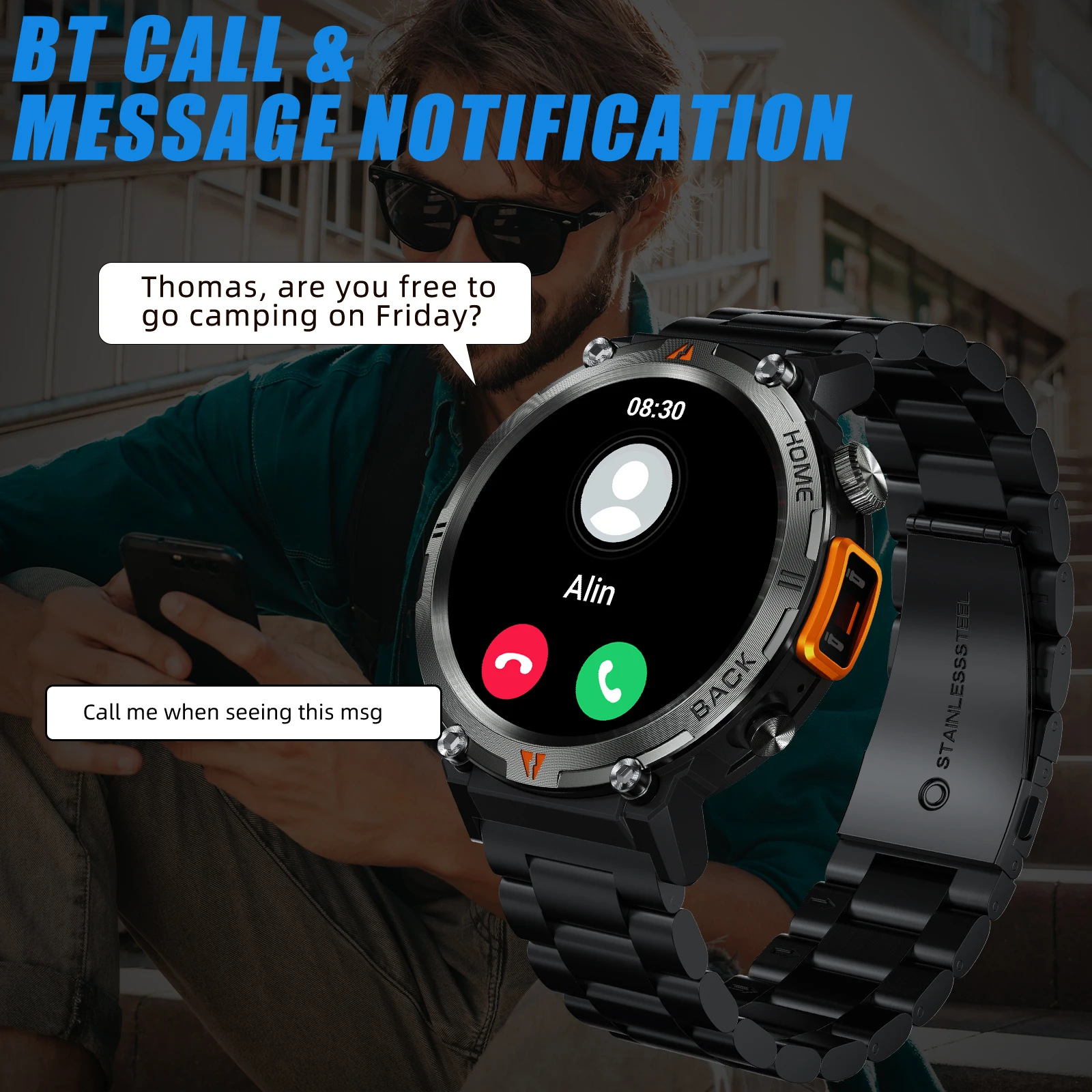 LaNikar KE3 Bluetooth-oproep Smart Watch Heren Volledig touchscreen Gezondheidsmonitor met stalen ring Heren SmartWatch voor IOS Android