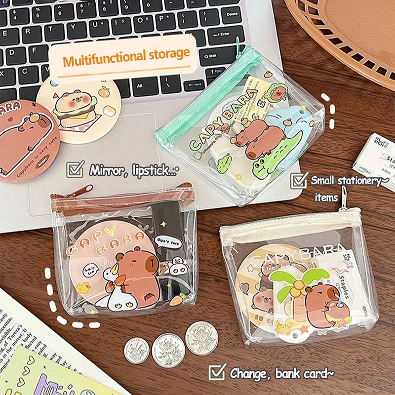 Cute Capybara Coin Storage Bag Cartoon Design PVC Zipper Waterproof Storage Bag Small Cosmetic Bag Clear Pouch Mini Wallet