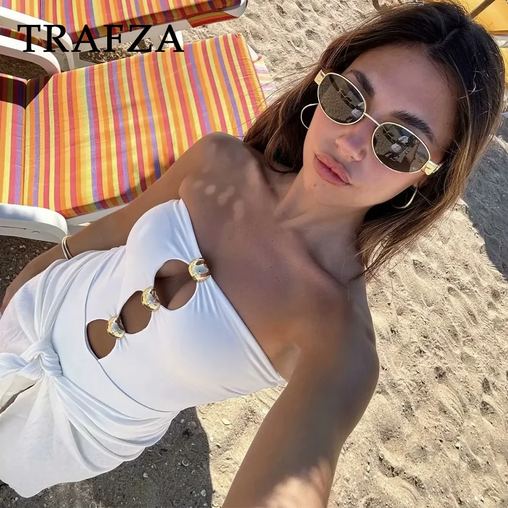 TRAFZA 2024 Spring Summer Beach Style Women Swimwear Fashion Sexy Button Patchwork Beach Club Ladies Slim Chic Swimwear