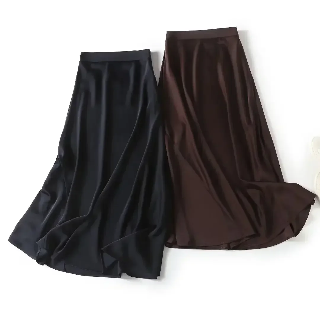 Women's 2023 Chic Fashion New Two-color High-quality Satin Medium-long Skirt Retro Rib Waist High Waist Zipper Skirt Mujer