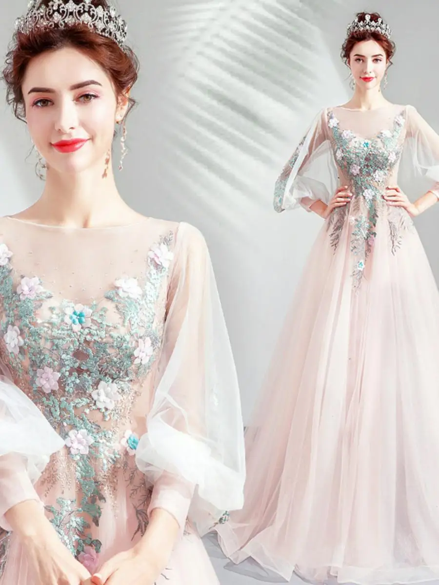 

Elegant Long Sleeve Evening Gown Wedding Dress Pink Performance Show off Stage at Year End Party Forest System