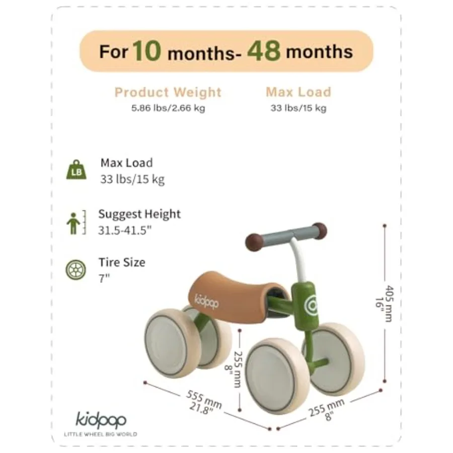 Big BEE Baby Balance Bike for 1 Year Old Toddler Ride On Toys First Birthday Gift Toddler First Bike in Green with Lightweight