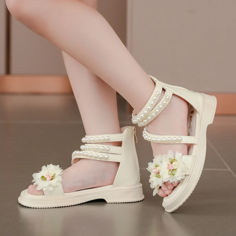 

Лидер продаж, элегантные детские сандалии на плоской подошве с открытым носком, летняя модная и удобная мягкая повседневная обувь принцессы с жемчугом