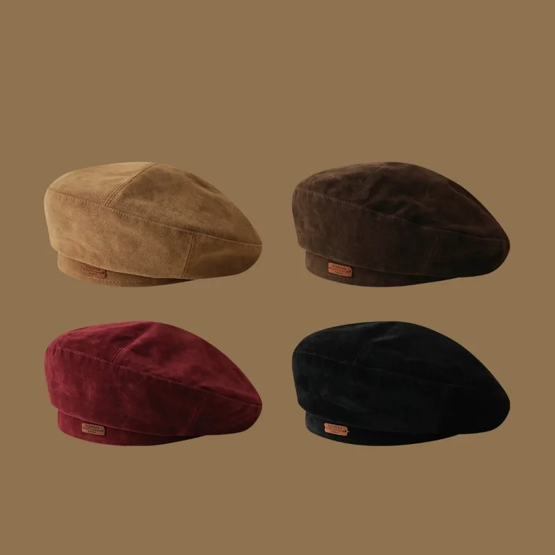 النسخة الكورية Ins بلون الجلود تسمية الجلد المدبوغ القبعات الخريف والشتاء الرجعية الأزياء البريطانية عارضة الرسام قبعة للنساء