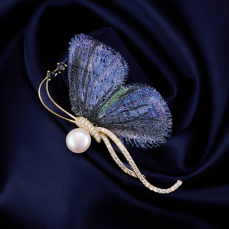 Chinese Style Hand Embroidery Blue Purple Butterfly Brooch With Freshwater Pearl Cubic Zirconia Women Luxury Coat Jacket Lapel