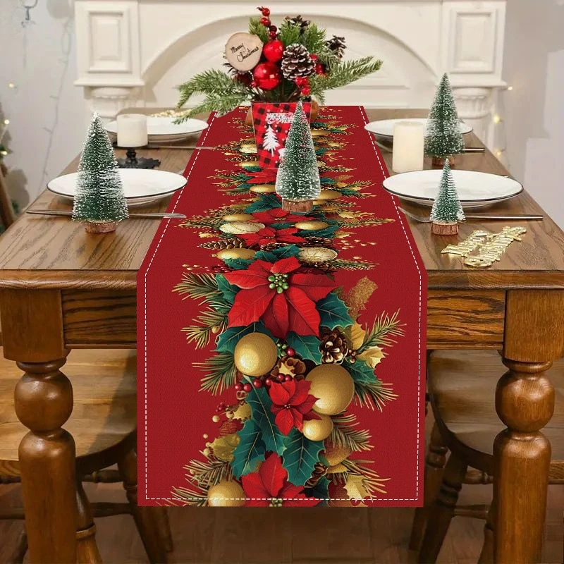 Christmas Poinsettia Pine Cones Linen Table Runner Party Decor Winter Xmas Balls Holly Berry Table Runners Christmas Decorations