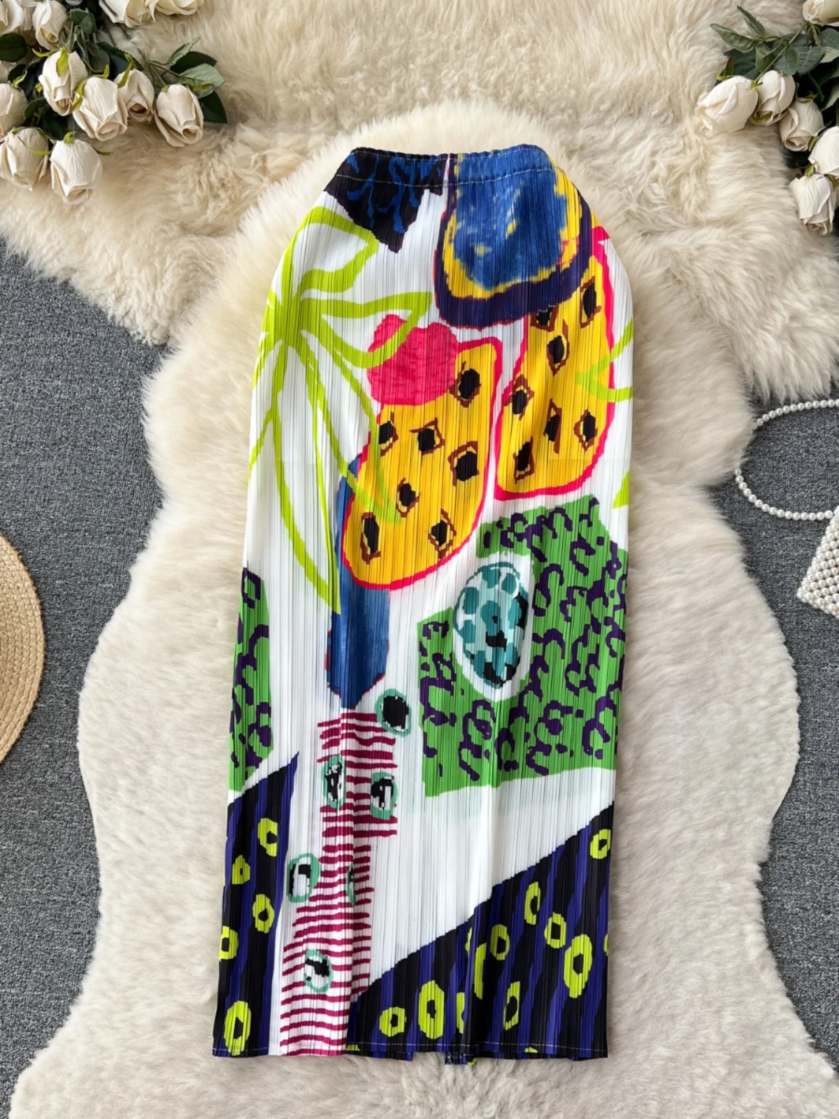 

Pleated Skirt 2025 Trend Sweet Retro Print Midi High Waist Skirt New Fashion Women'S Stylish All-Match Streetwear Tie Dye Skirt
