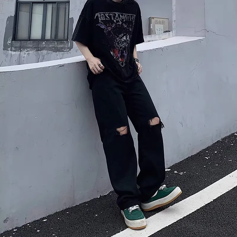 

Мужские свободные джинсы с прорезями на коленях, модные прямые джинсовые брюки, повседневные длинные брюки в уличном стиле, стильные и модные