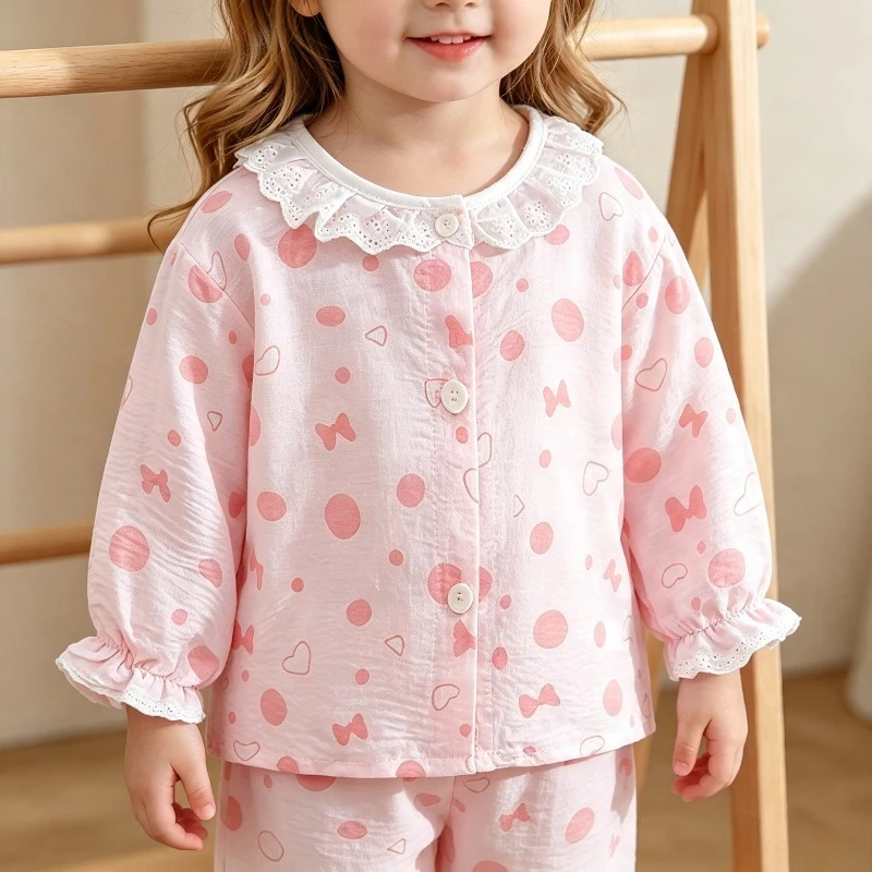 Kinder Mädchen Hauskleidung Sets Lose Dünne Kinder-Pyjamas Spitze Blumenmuster Prinzessin Langarm-Oberteil+Hose 2-teiliges Set Mädchenbekleidung – Detail 12