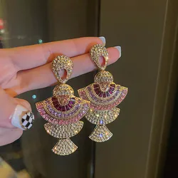 FYUAN Vintage Baroque Style Geometric Drop Earrings Women Pink Zircon Crystal Sector Dangle Earrings Banquet Jewelry Accessories