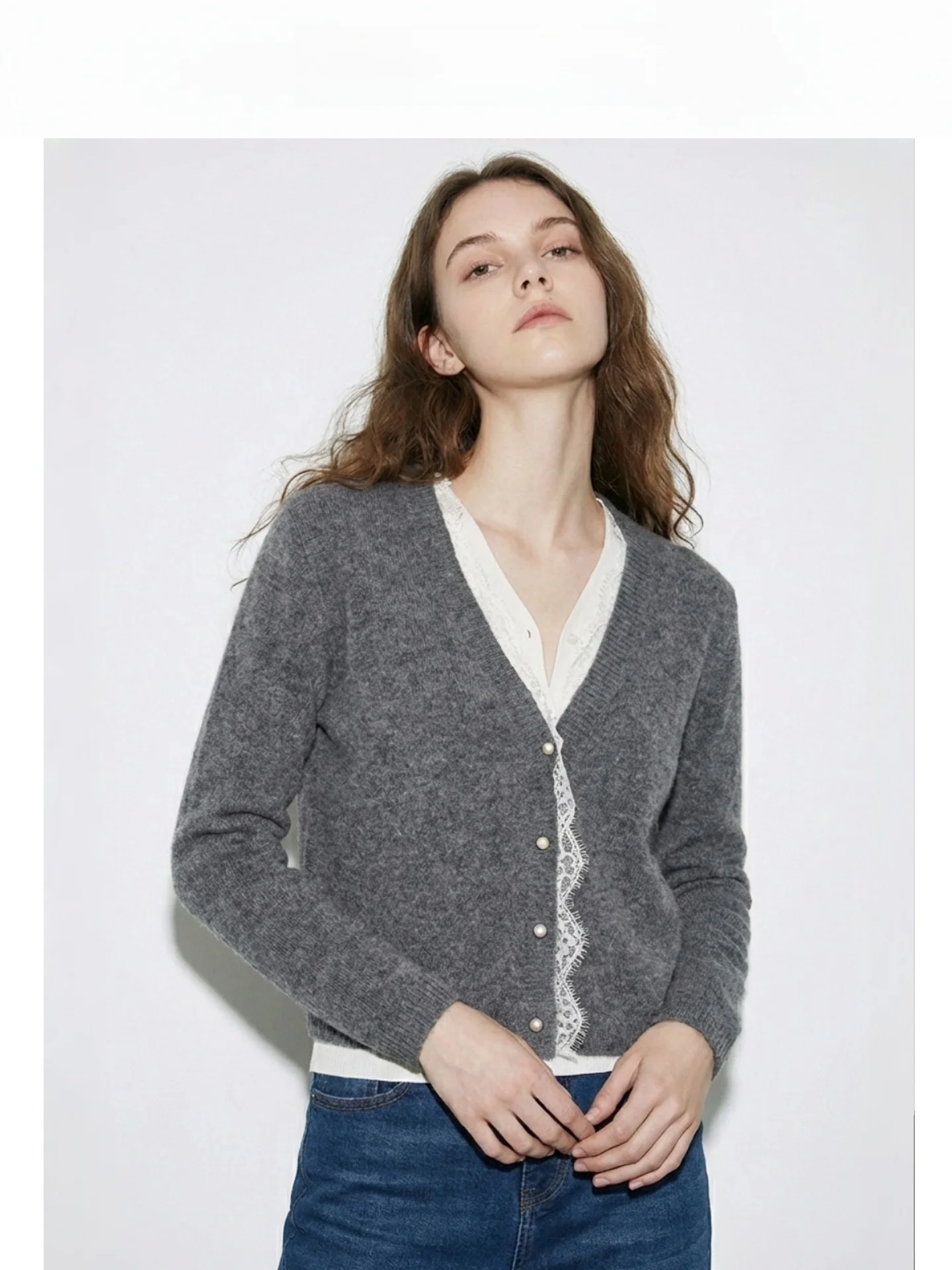 

Women's Wool Blend V-Ne Open Cardigan ort Outerwear with Lace Trim And Diamond Bule Decor Knitted Top Casual Sle