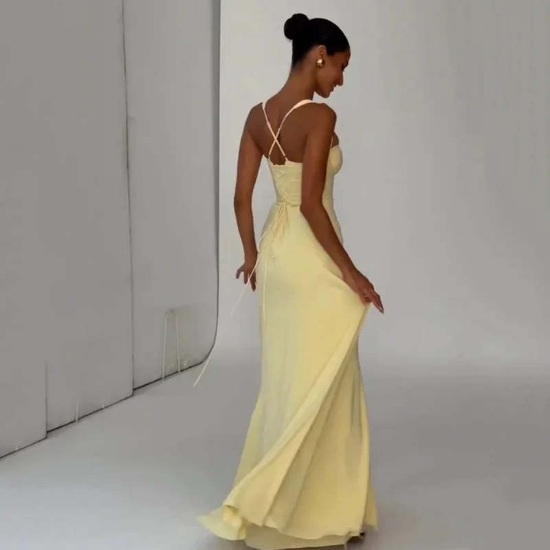Yellow Low Cut Backless Lace Up High Waisted Maxi Dress Sleeveless Waist Cincher Spaghetti Strap Vestidos Party Club Women Robe
