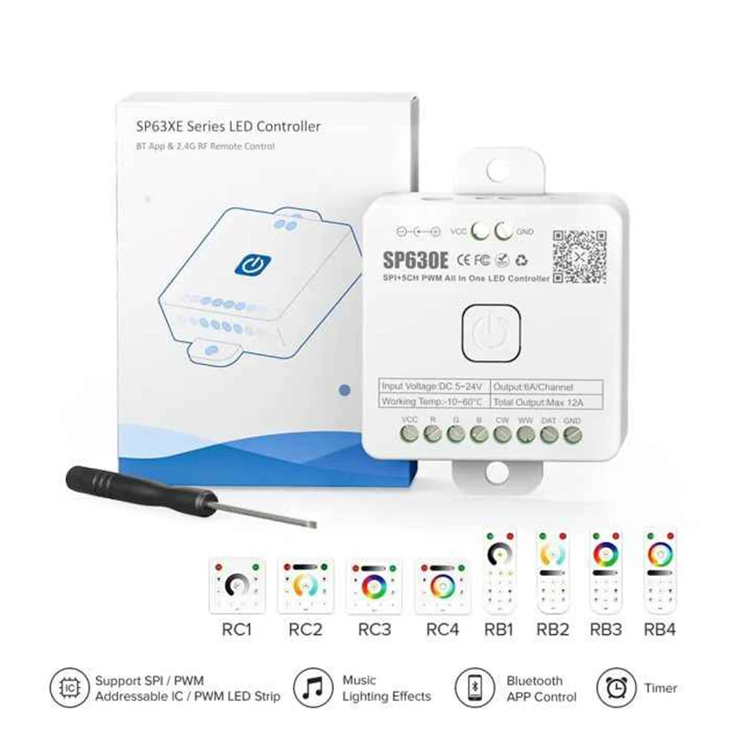 SP630e Spi  Led Controller Rgbic Rgbcct Rgbw Rgb Cct 5v 12v 24v Cob Pwm Pixel LED Strip Bluetooth Music Controller
