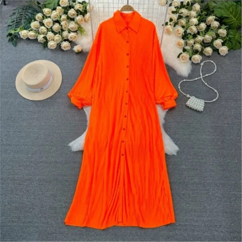 

European American Fashion Muslim Long Dress Women's Spring Pleated Long Sleeve Loose Extra Large Size Solid Dresses For Women