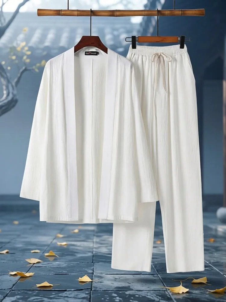 

Cotton Linen Men's Set Spring Summer Autumn Long Pants Open Cardigan Home Wear Youth Fit Seven Sleeve Shirt Chinese Style